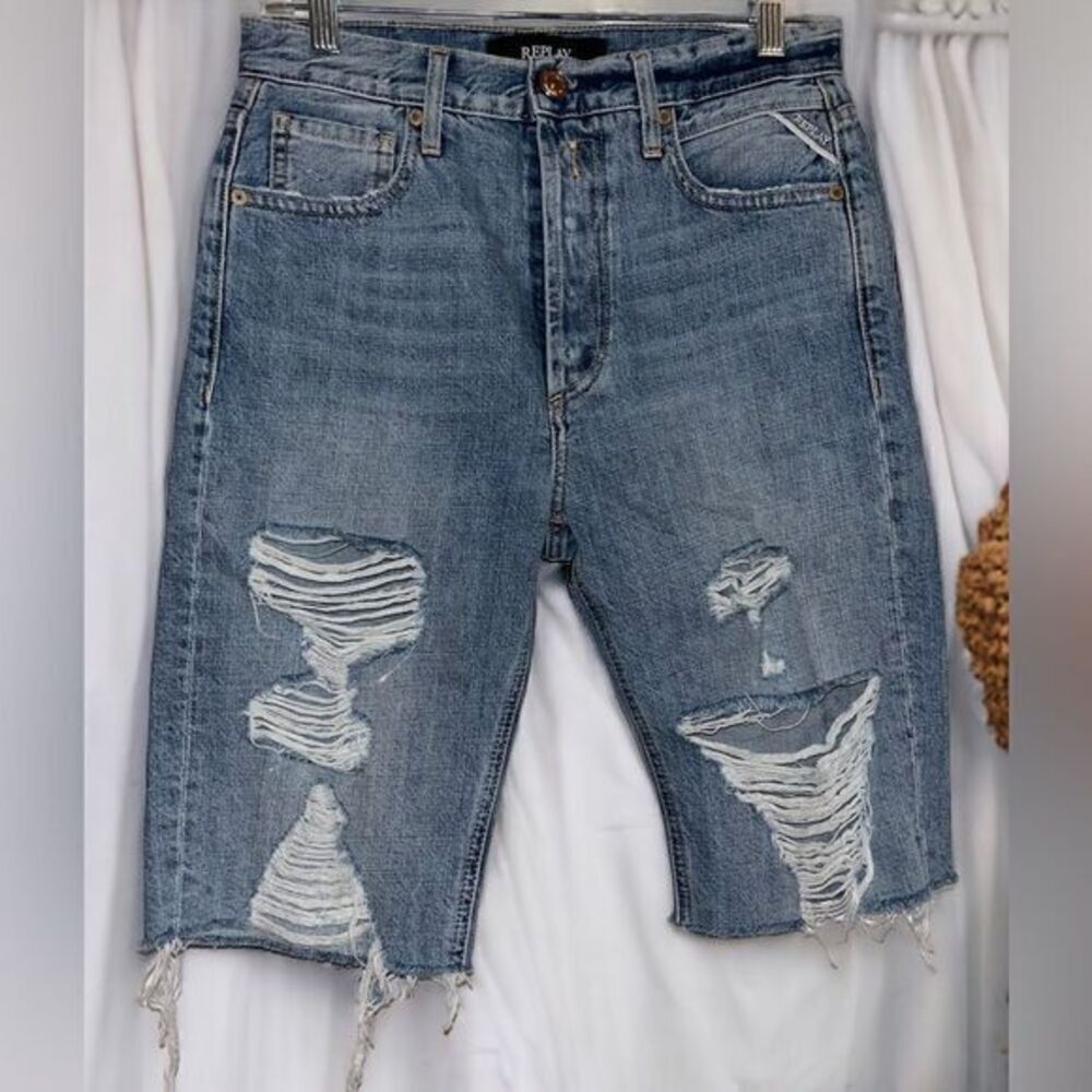 Replay Jeans Women's Size 25 Bermuda Shorts distressed Button Fly Denim skater